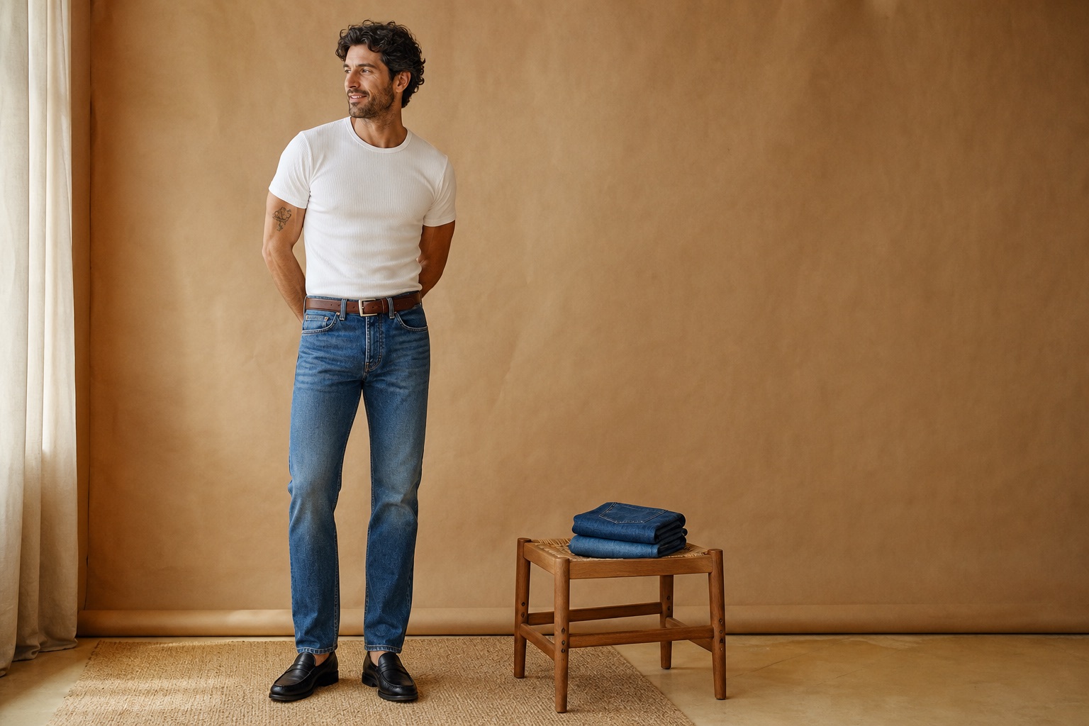 Man wearing straight-leg blue jeans, a white ribbed shirt, brown belt, and black loafers beside folded denim