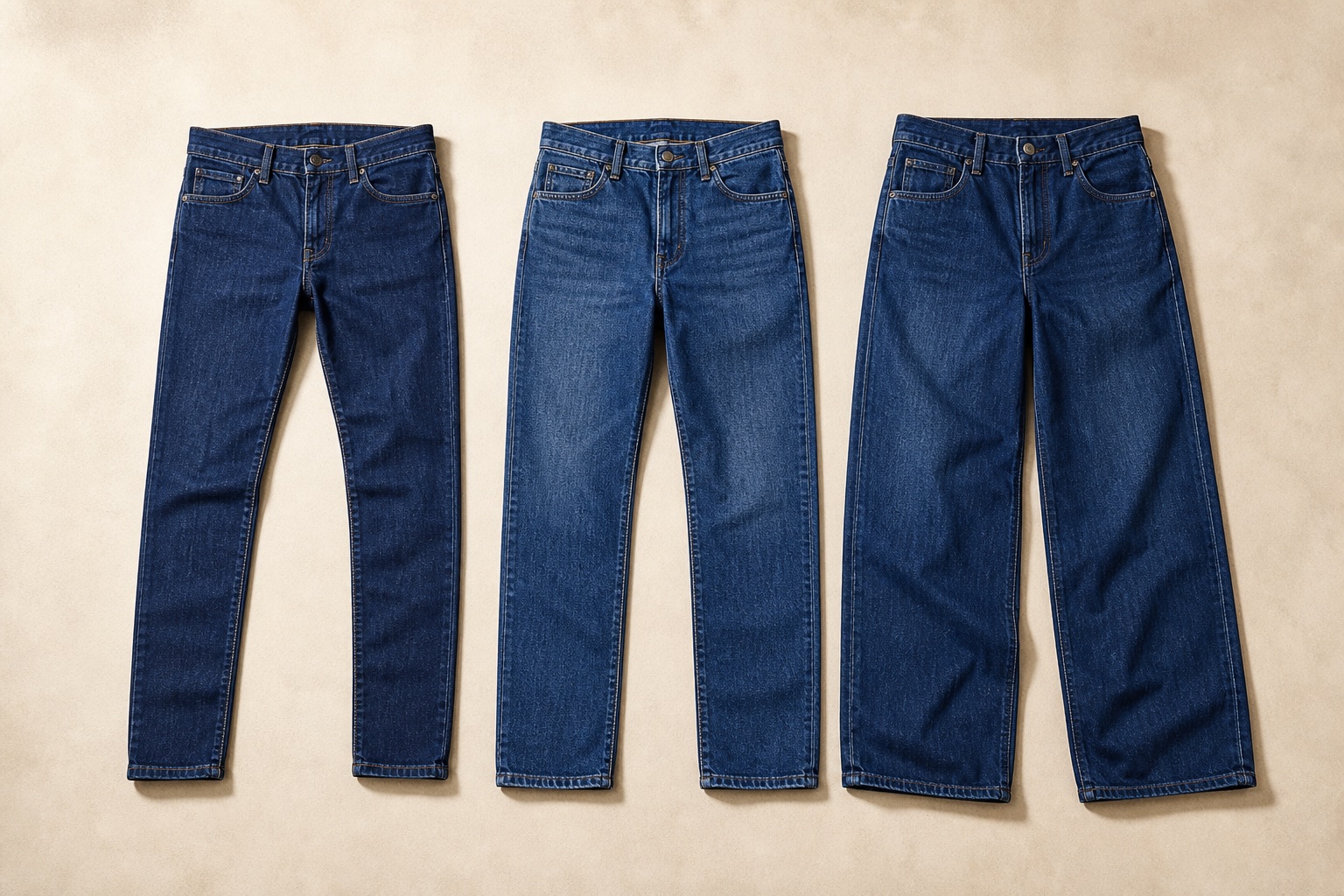 Three pairs of blue jeans arranged from slim tapered to straight and relaxed wide silhouettes